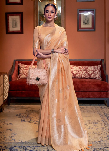 Ethnic Wear Light Orange Linen Saree For Festival